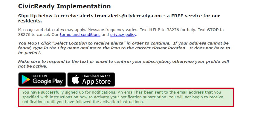 Sign up confirmation message.