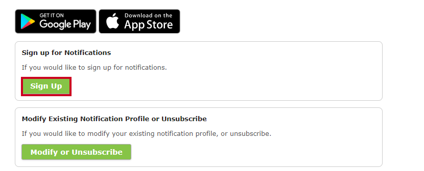 Green sign up button within the notifications section.