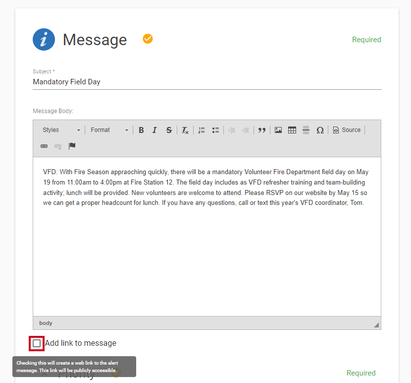 Add link to message checkbox.