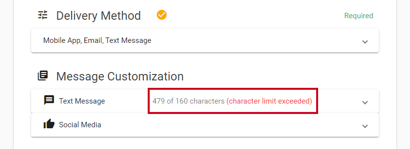 Text message character count in message customization section.