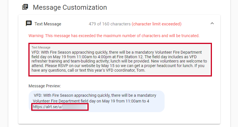 Text message and message preview fields.