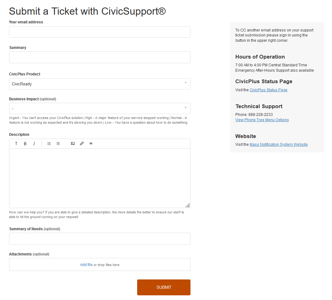 Mass Notification system Help Center Support ticket form.