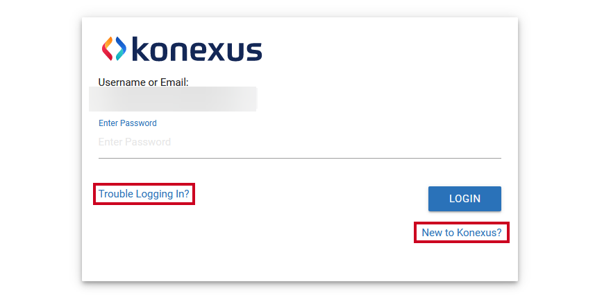 Trouble logging in link to the left of the login button and the new to konexus link below the login button.