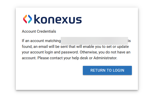 Account credentials message which explains that a credentials reset email will be sent.
