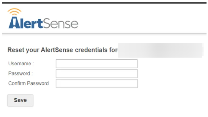 Credentials reset screen with username, password, and confirm password fields and a save button.