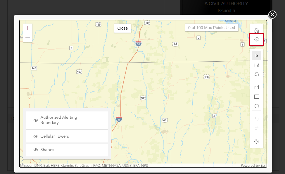 Map screen with right toolbar and import shape button highlighted.