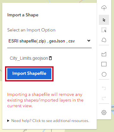 A blue, rectangular Import shapefile button below an example file name.
