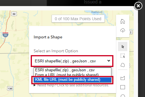 Import option dropdown KML file URL option.