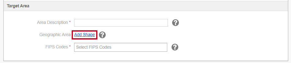 Target area section and add shape link within the IPAWS alert form.