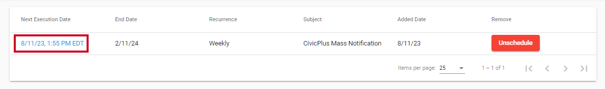 Next execution date hyperlinked text.