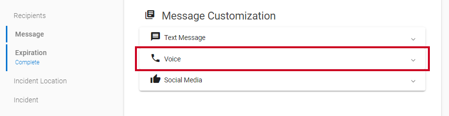 Message customization section and voice option.