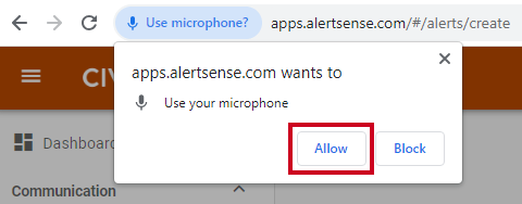 Browser microphone permissions popup and allow button.