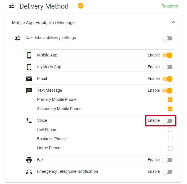 Delivery method section and voice enable toggle.