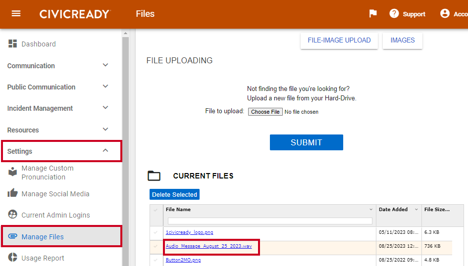 Settings and manage files left menu options and the recorded file in the current files list.