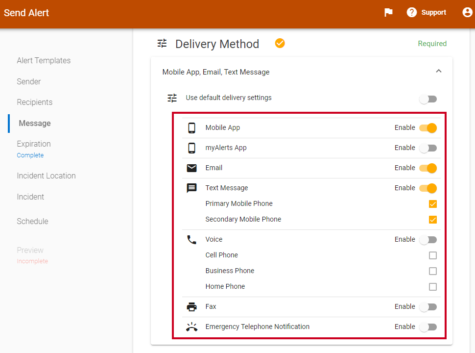 Send Alert form Delivery Method section.