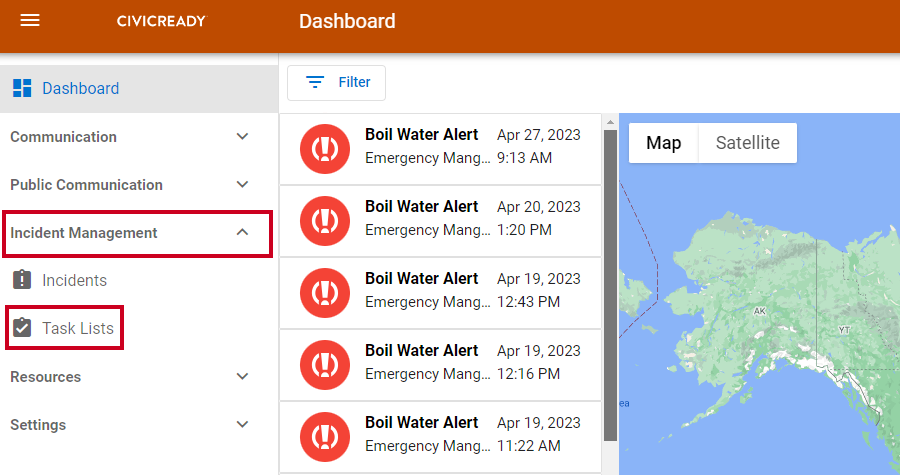 Incident Management and Task Lists options in the left menu.