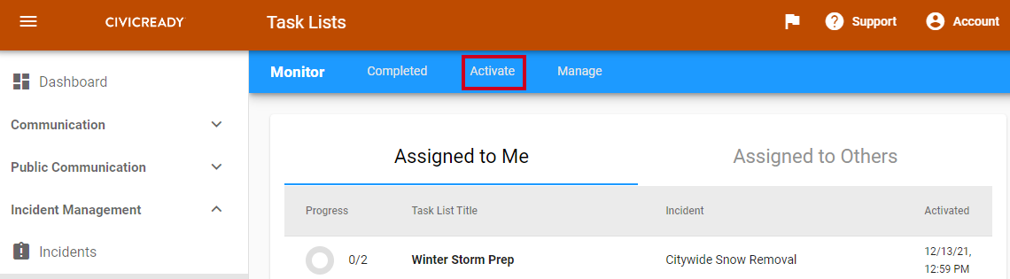 An Activate tab within the blue page header that opens the Task Lists page.
