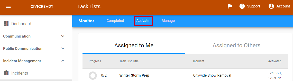 An Activate tab within the blue page header that opens the Task List Templates page.