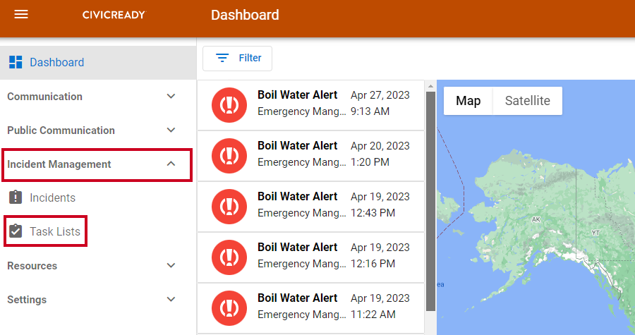Incident management and task lists options in the left menu.