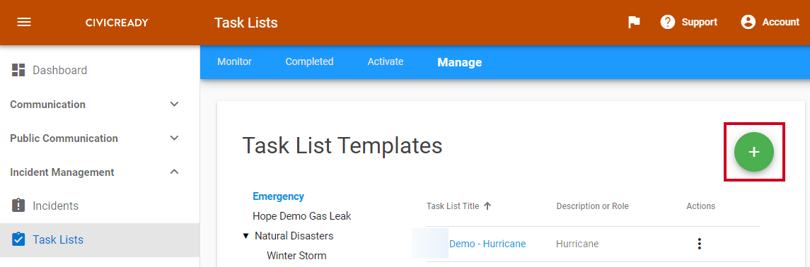 A green, circular plus-sign icon that allows you to to create a new
    task list template.