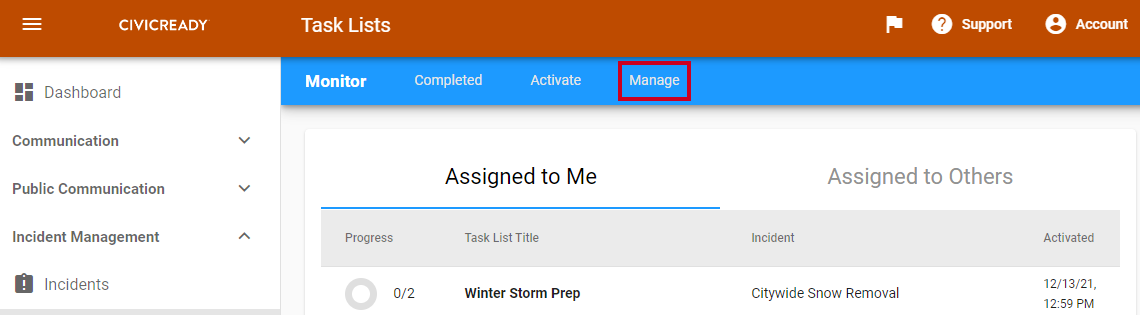 A Manage tab within the blue page header that opens the Task List Templates page.