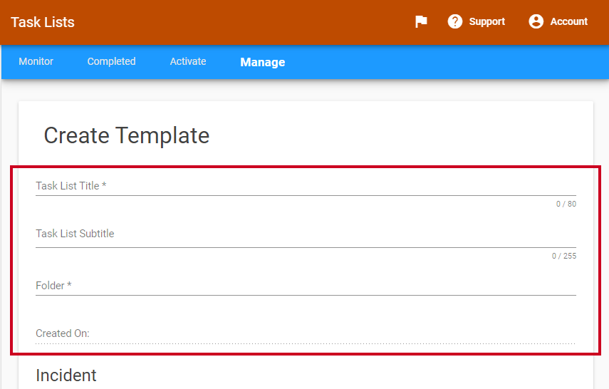 Template fields that are used to define the title, subtitle, folder, and created-on date for the new template.