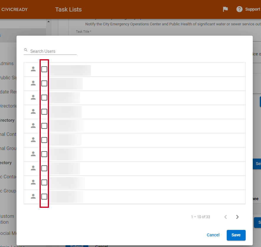 A column of checkboxes next to a column of user names that can be checked to indicate which users should be added to the task list template.
