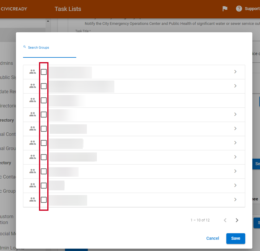 A column of checkboxes next to a column of group names that can be checked to indicate which groups should be added to the task list template.