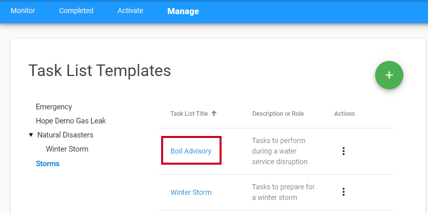 Example task list in the task templates list.