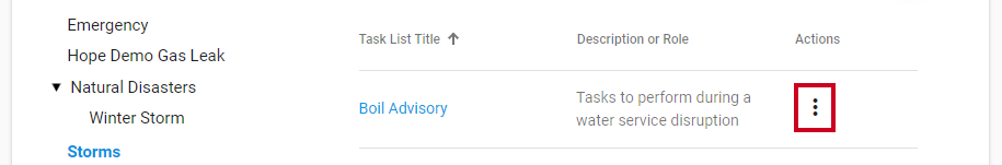 A three-dot Actions menu icon next to the name of the example task list template.