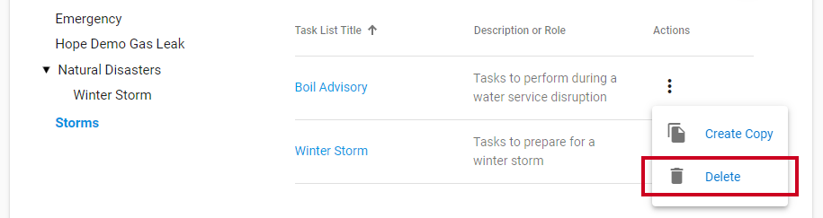 A Delete option within the Actions menu for the selected template.