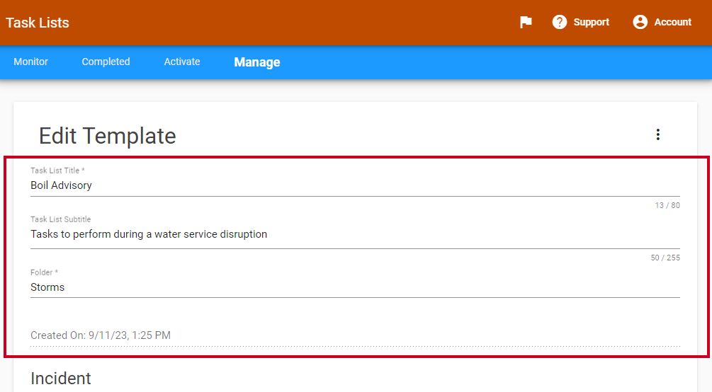 Example Template fields with title, subtitle, folder, and creation details.