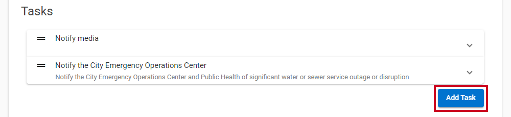 A blue, rectangular Add Task button that allows you to create a new task for the task list template.