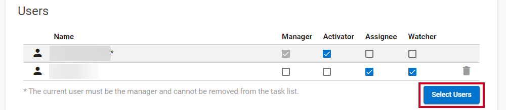 A blue, rectangular Select Users button that allows you to add one or more users to the task list template.