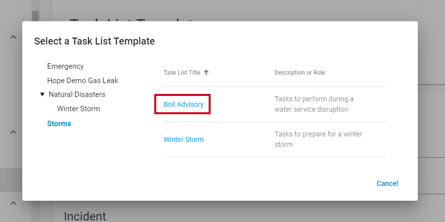A Select a Task List Template pop-up with an example template title highlighted.