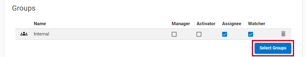 A blue, rectangular Select Groups button that allows you to add one or more groups to the task list template.