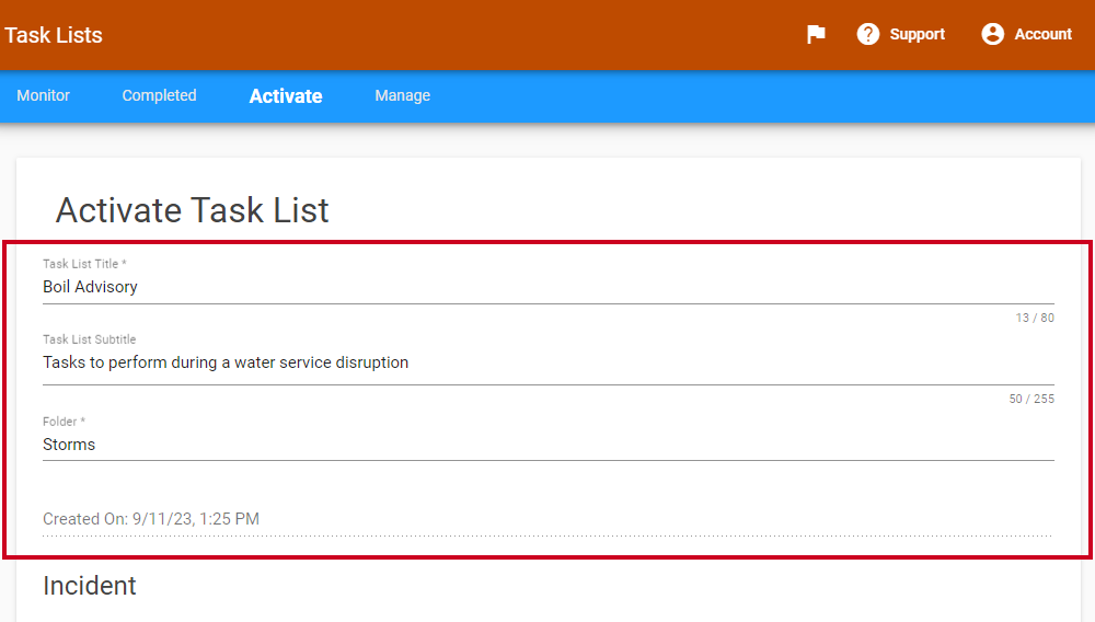 Example text in template fields that are used to define the title, subtitle, folder, and created-on date for the template.