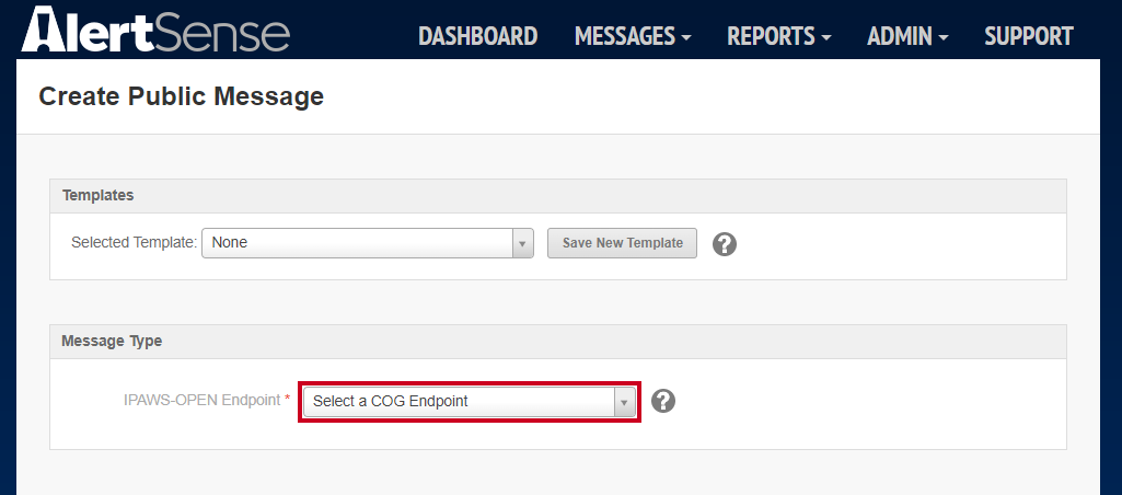 The IPAWS-OPEN Endpoint dropdown field.