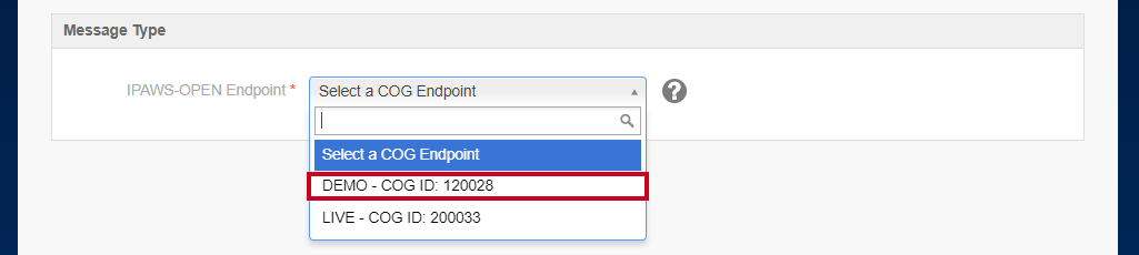 The DEMO-COG option in the IPAWS-OPEN Endpoint dropdown list.