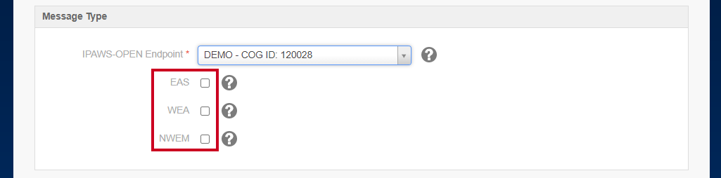 EAS, WEA, and NWEM alert channel checkboxes.
