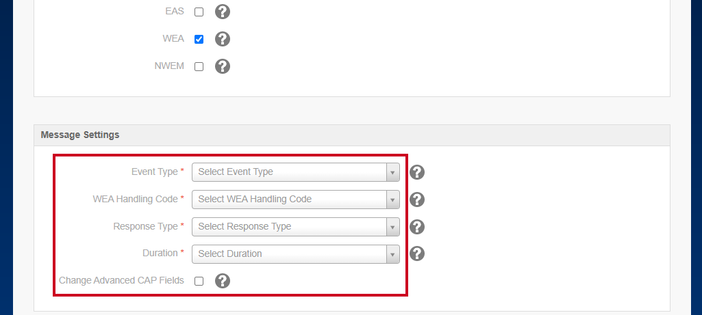 Drop-down fields and a checkbox in the Message Settings section.