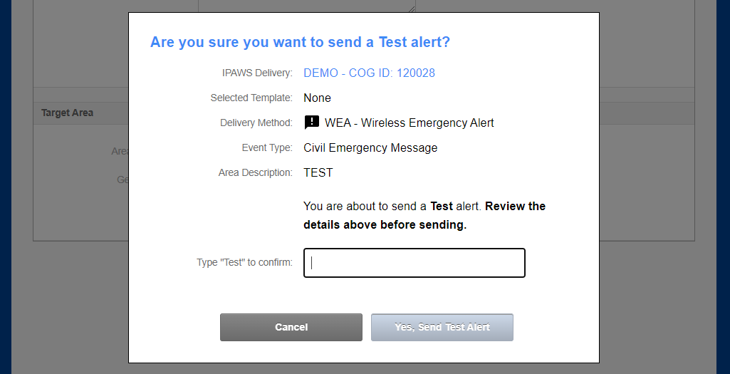 A test alert confirmation pop-up.