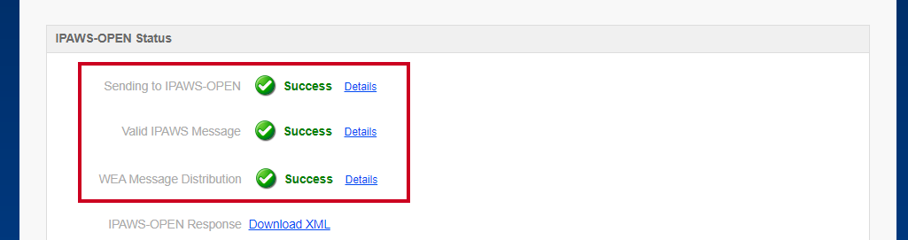 The IPAWS-OPEN Status section for an example ALert Summary History page.