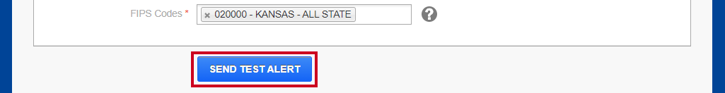 A blue, rectangular Send Test Alert button below the Target Area section.