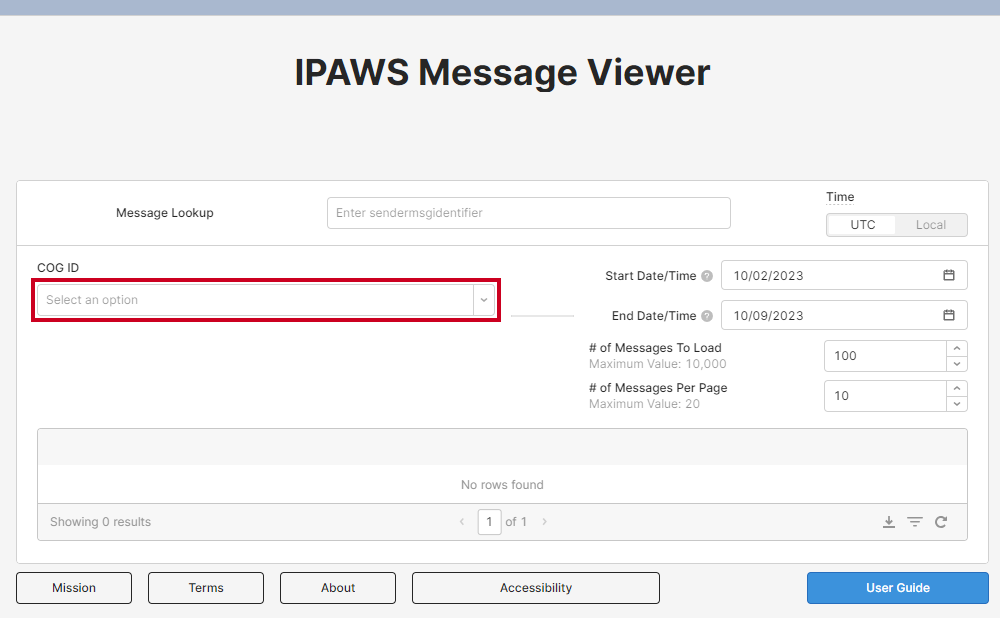 The COG ID field on the IPAWS Message Viewer page.