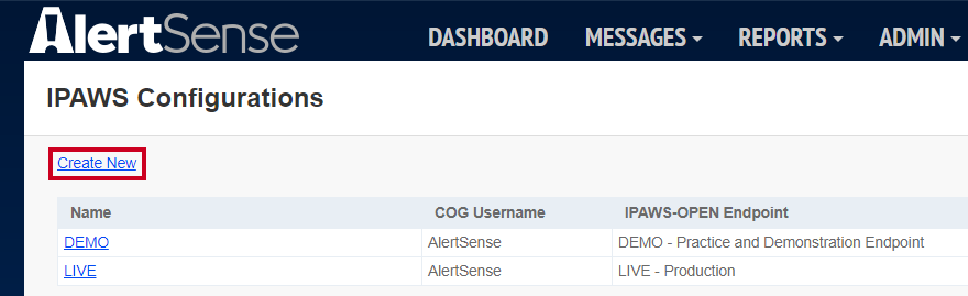 A Create New link below the IPAWS Configurations page header.