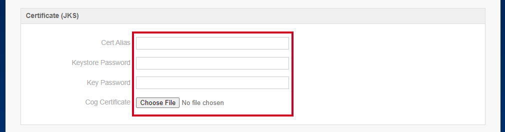 The Certificate (JKS) section with fields that define the COG certificate.