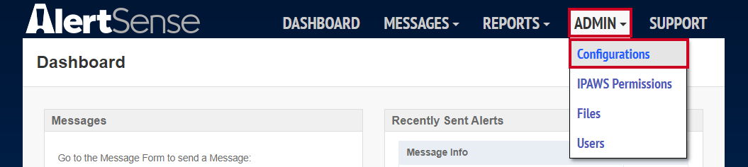 The IPAWS dashboard top menu with the Admin dropdown and configurations option highlighted.