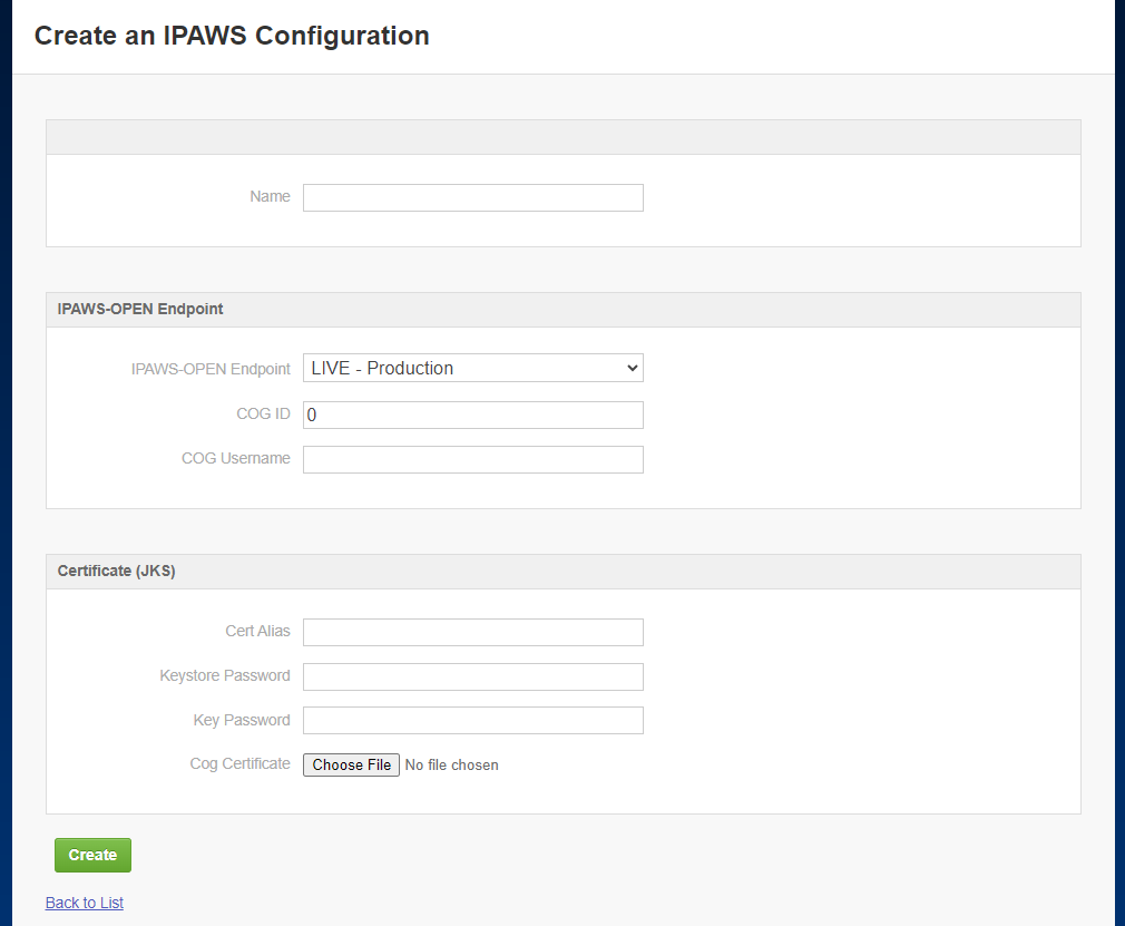 The full Create an IPAWS Configuration page with Name, IPAWS-OPEN Endpoint, and Certificate (JKS) sections.