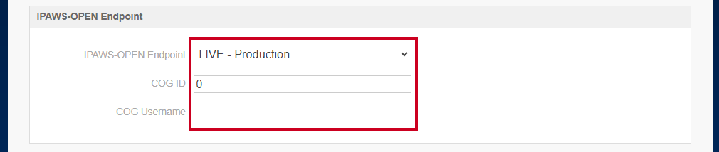 The IPAWS-OPEN Endpoint section with fields that help define the COG.
